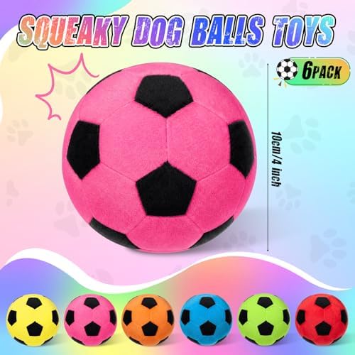 Blueweenly 6 Pcs Stuffed Soccer Ball Dog Toys, 4 Inch Squeaky Football Dog Toys, Soft Interactive Chew Indoor Outdoor Playing Supply for Small Medium Large Pet Rolling Tossing Chasing Game, Multicolor