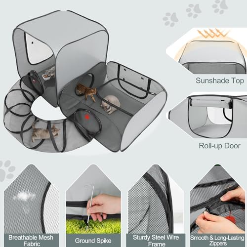Cat Playpen, 3-in-1 Pop-up Outdoor Cat Enclosure, Gray