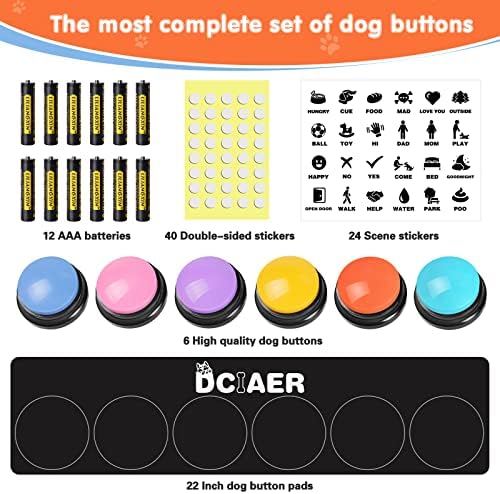 Dog Buttons for Communication,Talking Buttons for Dogs,6 Recordable Sound Buttons + 24 Scene Patterns + 1 Dog Button Mat+ 12 AAA Batteries，30 Seconds Dog Buttons for Pet Sound Training Toy