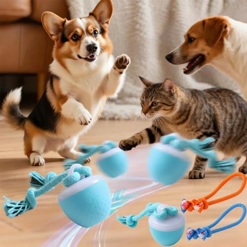 Interactive Dog Ball Toy with Birdsong & Rope, Automatic Moving Dog Toy