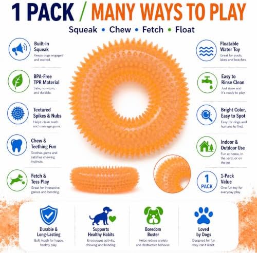 Squeaky Dog Toys for Aggressive Chewers, Floating Donut Ring for Large Dogs