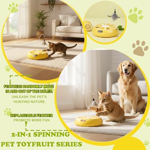Puffluv Interactive Cat Toy,2 in 1Fruite Shape Toys with Electric Moving Concealed and Hanging Feathers Pop and Play Hide Seek, Hunting,Tpye-C Rechargeable-Yellow Lemon