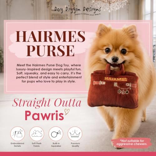 Dog Diggin Designs Hairmes Bag Plush Dog Toy – Squeaky Parody Fashion Dog Toy from Runway Pup Hairmes Collection, Soft Designer Style Toy for Small to Medium Dogs, Cute Interactive Pet Toy