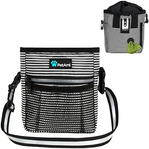 PetAmi Dog Treat Pouch, Pet Treat Pouch For Training, Dog Walking Bag Holder for Kibbles, Pet Food Toy, Dog Trainer Essentials Supplies, Poop Bag Dispenser, 3 Ways to Wear (Black Stripes)