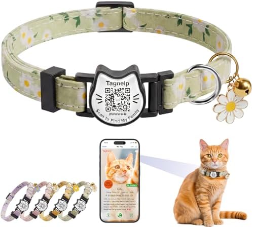 QR Code Cat Collar with Breakaway Safety Buckle, Adjustable Cotton Kitten Collar with Bell, Online Pet Profile Scan ID Tag for Lost Cats,Flower Pendant(Green)
