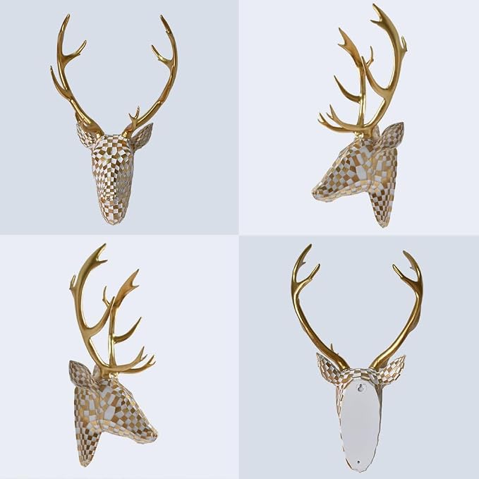GIGICICI Mosaic Deer Head Wall Decor 15.7x8.7 Inch, Artistic Faux Resin Animal Head Wall Sculpture Hanging for Living Room Bedroom Kitchen Office, White-Gold Gift