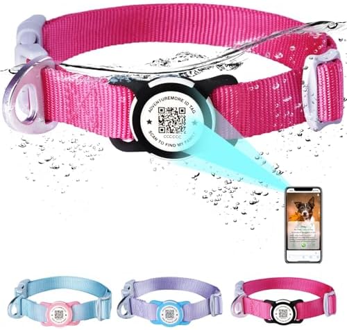 ADVENTUREMORE Airtag Dog Collar with Smart ID QR Code Airtags Holder: Prevents Dogs from Getting Lost at Night, Displays Owner and Pet Details. Waterproof, Durable, Adjustable, Thick-Rose-Small