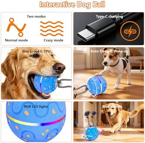 Interactive Dog Ball Toy with 2 Rope, Automatic Rolling & Bouncing Smart Dog Toy with Bird Chirping Sound and LED Light, Soft ETPU Chew-Safe Material, USB Rechargeable, for Medium & Large Dogs