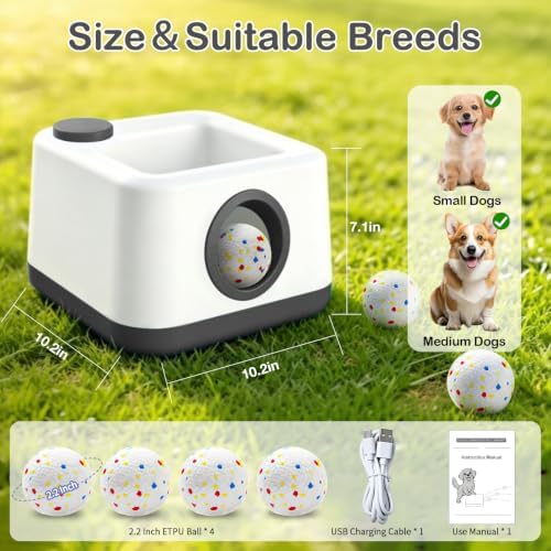 Automatic Dog Ball Launcher, Dual Auto-Manual Modes with Dog Barking Sound, Interactive Dog Fetch Toy, 3 Adjustable Distances, Dog Balls Thrower for Small & Medium Dogs, with 4 Durable ETPU Balls