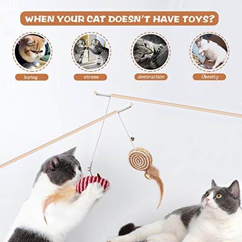 KABB Cat Toys for Indoor Cats, 3pcs 16 Inch Natural Wood Cat Teaser Wand Toy with Teaser Refills for Cat Kitten Having Fun Exerciser Playing, Bonus 5pcs Catnip Sticks for Cat Teeth Cleaning