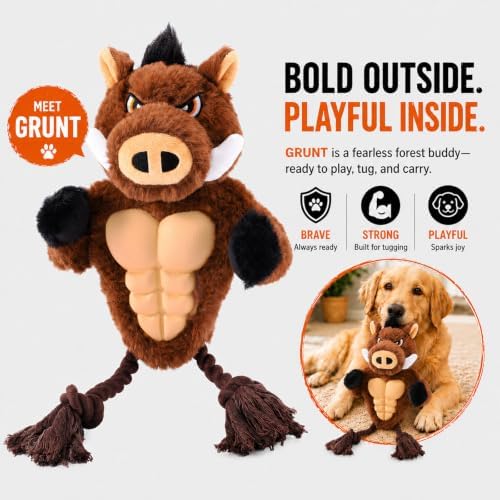 Boar Rope & Plush Dog Toy with Squeaker, Interactive Tug Toy for Medium to Large Dogs, Multi-Texture Toy for Tug, Toss & Supervised Play