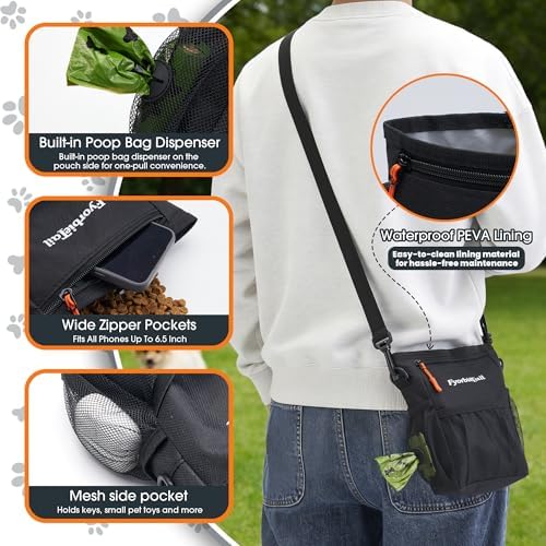 Dog Treat Pouch, 4 Cup Training Bag, Magnetic Closure, 3 Way Wear, Black | 600D waterproof Oxford fabric, multi pocket storage, zipper and mesh pockets, pull out poop bag dispenser, includes 2 rolls