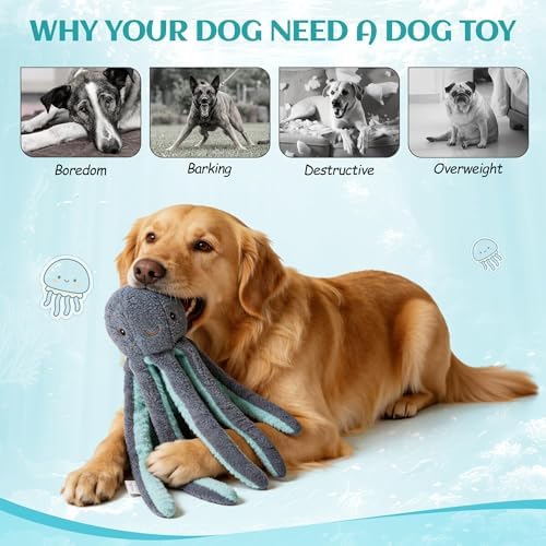 ALL FOR PAWS Octopus Squeaky Dog Toy, Plush Dog Toy for Small Medium Large Dogs, Fetch Toy with Squeaker & Crinkle