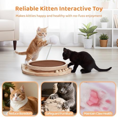 Natural Sisal Cat Scratcher with Ball, Round Kitten Scratching Pad Track and Spring Cat Toy Interactive Cat Toys for Indoor Cats Kitten Toys Enrichment Puzzle Play Exercise