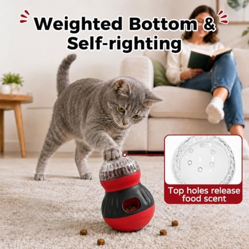Interactive Cat Wobble Toy Treat Dispenser – Cat Puzzle Feeder & Slow Feeder Ball for Indoor Cats, Small Dog Enrichment Toy for Puppies (RED)