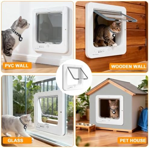 Smart Cat Door for Interior & Exterior, Cat Pet Door with 3 Collar Sensor Keys & 1 Remote Control & 4 Way Locking Cat Flap with RFID Collar Activated Opening SmartPetDoor