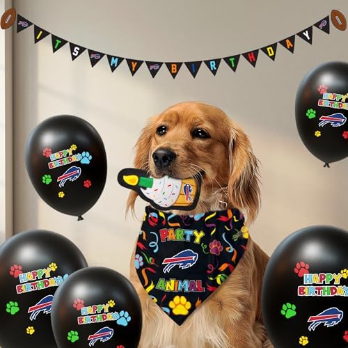 NFL Buffalo Bills Dog Birthday Party Set 9pcs with 1 Football Bandana Small/Medium, 1 Banner, 1 Birthday Cake Toy & 6 B-Day Balloons, Dog Birthday Set, Costume, Fun Doggie Pawty Accesories