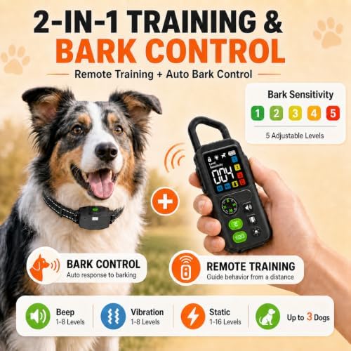 2-in-1 Dog Shock Collar & Bark Collar for 2 Dogs with Remote, 10-100lb