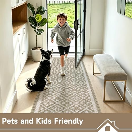 Ileading Hallway Runner Rug 2x6 ft,Washable Indoor Beige Carpet with Non Slip Rubber Backing,Low Pile Durable Kitchen Floor Mat for Laundry Entryway Door & High Traffic Areas