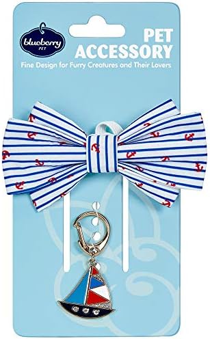 Blueberry Pet Bon Voyage Pet Accessory of Collar Slide Hair Clip and Pedant for Dogs & Cats, Pack of 2 Handsome Bowtie and Boat Tag