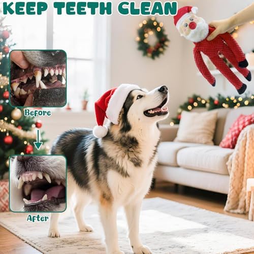 Christmas Dog Toys Squeaky 3-Pack Interactive Puppy Teething Chew Toy Deer Snowman Santa Claus Shape with Crinkle Sound Paper Tail no Stuffed,Keep Them Busy, for Large Medium Small Breeds