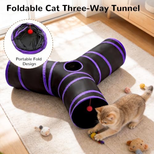Tempcore Cat Tunnel, 3-Way Collapsible Toy, Large Size Black & Purple
