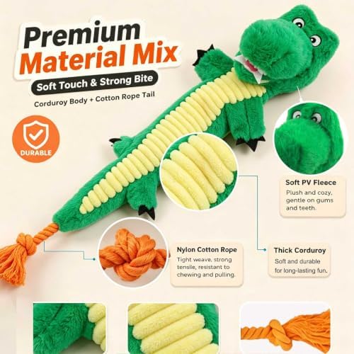 Dog Rope Toy Plush Squeaky Chew Tug of War Toy - Green Alligator