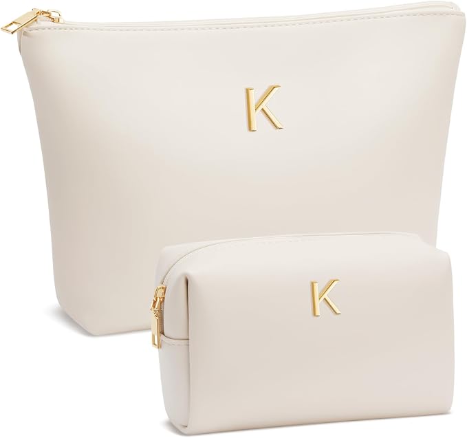 Women Gifts | Initial Makeup Bag for Girl Personalized Gifts for Bridesmaid Friend PU Leather Cosmetic Travel Toiletry Bag(Beige,K)