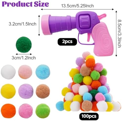 2Pcs Cat Ball Launchers with 100Pcs Pom Pom Balls Cat Interactive Soft Ball Toy Interactive Pet Toys Launcher for Cats Indoor Play