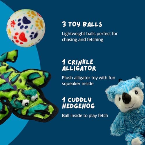 5-Piece Dog Toy Set – Tough Alligator Tug Toy, Plush Hedgehog with Internal Spiky Ball & Tennis Balls – Interactive Toys for Teething, Fetch & Training – Gifts for All Dog Sizes