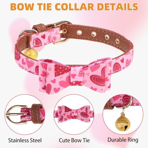 KOOLTAIL Cute Small Dog Collar and Leash Set with Bowtie and Bells,Puppy Bandana Collar and Leash for Girls with Pink Heart Pattern,Soft Leather Tangle Free Leashes for Small Dogs,Cats