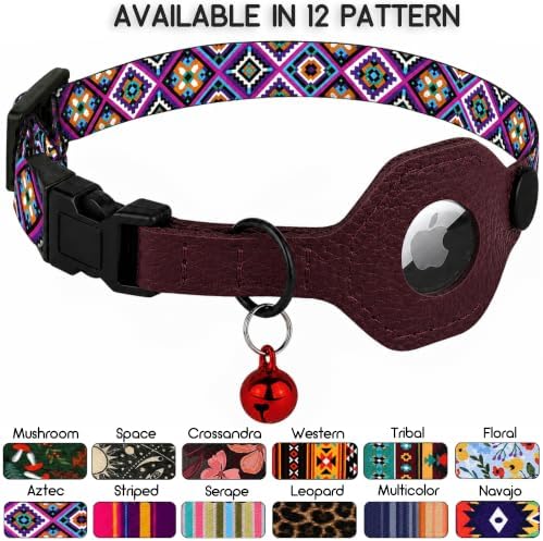 Breakaway Cat Collar with Leather AirTag Holder & Bell - Apple Air Tag Cat Collars for Girls & Boys, Lightweight Anti-Lost GPS Tracker Design, Printed Pattern - Safety and Adjustable (Aztec)