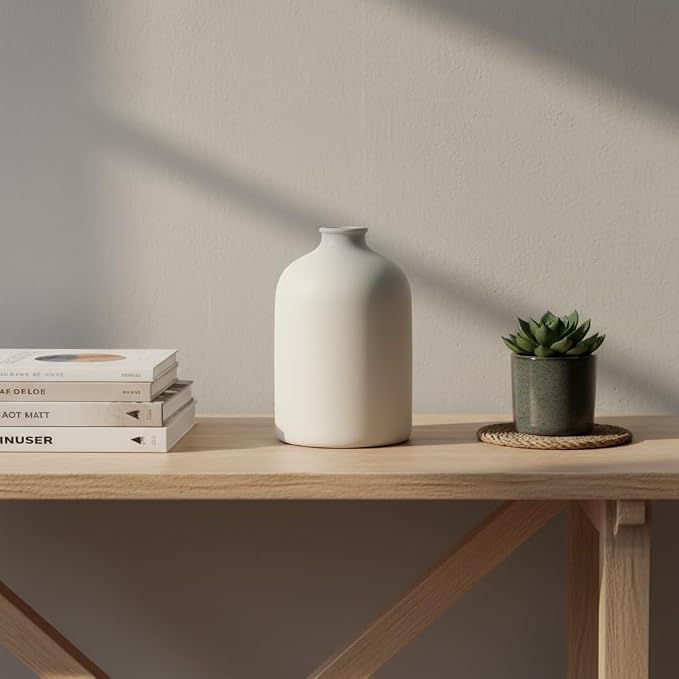 Carrot's Den White Ceramic Vase, Matte Textured Entryway Table Decor | Textured matte finish, 7 in tall. Holds olive branches, eucalyptus, or dried greenery on a coffee table or shelf.