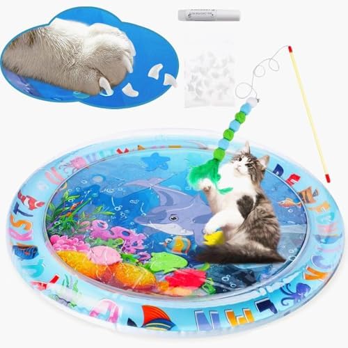Cat Water Mat,Upgrade 0.5mm Thickened Water Mat for Cats,Anti-Scratch Sensory Mat,Unbreakable Interactive Cat Comfort Play mat with Wand in Random Color