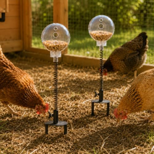 Chicken Treat Dispenser Toy 2 Pack, Spring-Action Treat Balls with Screw-Secured Ground Stakes, Slow Feeder Pecking Enrichment Toys for Hens, Backyard Chickens and Poultry