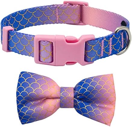 azuza Bowtie Dog Collar Mermaid, Soft & Comfy Dog Collar with Removable Bow Gradient Color Size Adjustable Dog Collars for Medium Dogs