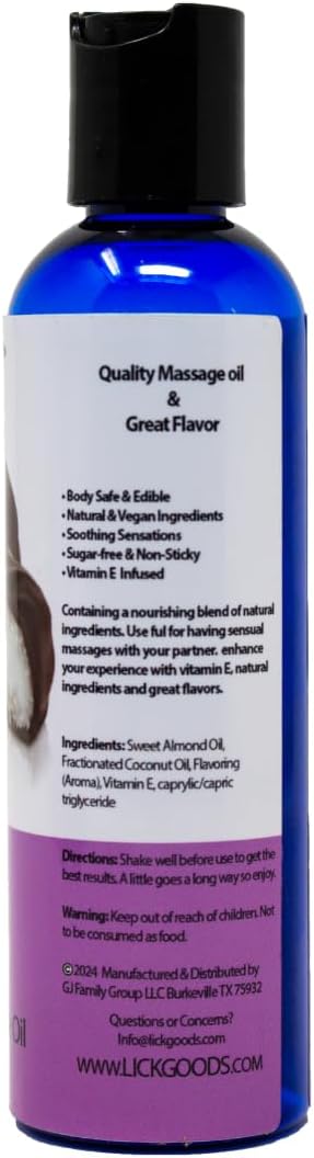 Lick Chocolate and Coconut Massage Oil – Tropical Dessert Edible Massage Oil with Sweet Almond Oil & Vitamin E, Smooth Body-Safe Glide for Couples Massage, 4 oz