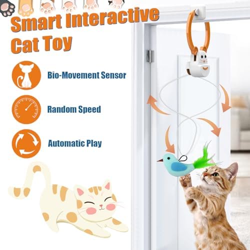 Interactive Cat Toys for Indoor Cats, Automatic Flying Bird Feather Wand Toy for Chase Exercise Enrichment, Rechargeable Durable Safe Hanging Cat Toy for Bored Kittens & Adult Cats