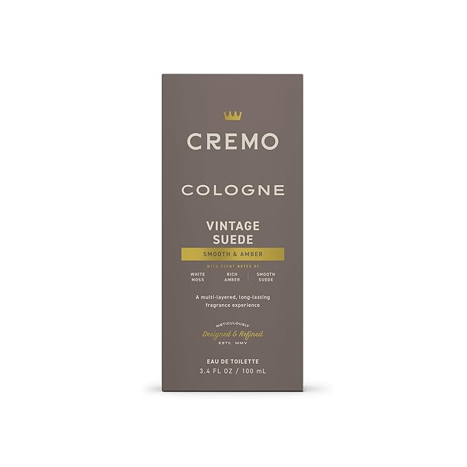 Cremo Cologne For Men - Vintage Suede Mens Cologne Spray, A Combination of White Moss, Rich Amber, and Smooth Suede, Multi-Layered Signature Men's Fragrances, 3.4 Fl Oz