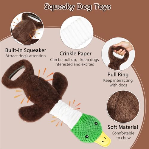 Drmstow Plush Dog Toys for Large Dogs, Duck Stuffed Squeaky Dog Chew Toy with Crinkle Paper, Interactive Pull Puppy Toys - Tug of War Dog Toys for Big Medium Samll Dog