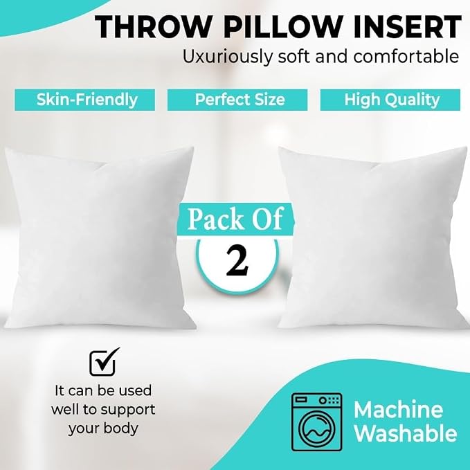 QUBA LINEN Throw Pillow Inserts (Set of 2, White), 14x14 Inches - Premium Cushion Fillers for Sofa, Bed, and Home Décor (14x14 Inch (Pack of 2))