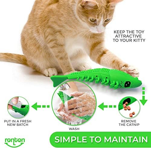 Ronton Cat Toothbrush Catnip Toy - Durable Hard Rubber - Dental Care, Cat Interactive Toothbrush Chew Toy (1 Pack Green (Shrimp)