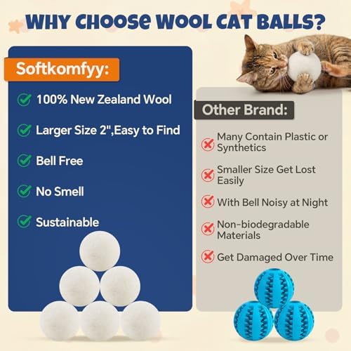 Wool Cat Balls 6 Pack, 100% New Zealand Handmade Wool Felt Cat Toys Balls 2 Inches, Kitten Toys Cats for Indoor Play & Exercise (6 Pack,Natural White)