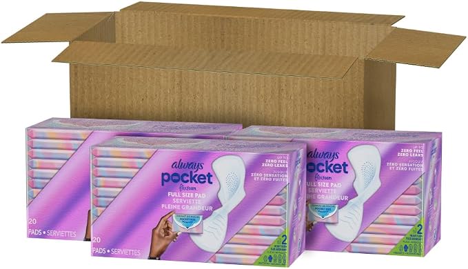 Always Pocket Feminine Pads with FlexFoam, Size 2, Heavy Flow, with Wings, Unscented, 60 Count (3 Packs of 20)
