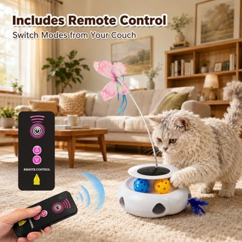 3-in-1 Interactive Cat Toy with Remote Control, Butterfly Wand & Automatic retractable feathers & Rolling Ball Track, Multi-functional Cat Toy for Indoor Cats, Suitable for Bored kitten, white