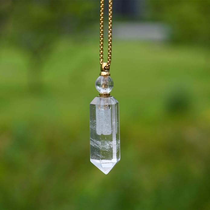 YGLINE Perfume Bottle Necklace,Essential Oil Bottle Pendant,Hexagon Prism Bottle Pendant,Various Gemstones,Healing Stones,Women Gifts