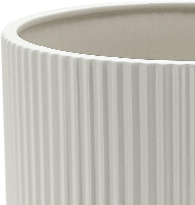 Amazon Basics Fluted Ceramic Planters for Indoor Outdoor Plants, Round Flower Pots with Drainage Hole, Set of 3, 6 inch, 8 inch, 10 inch, White