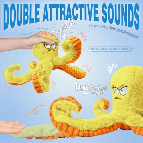 LEGEND SANDY Tough Dog Toys, Squeaky Large Dog Toy, Stuffed Puppy Chew Toys | Soft Fabric, Interactive Daily Companionship, Tug of War Doggie Toy, Training Reward, Crinkle Yellow Octopus