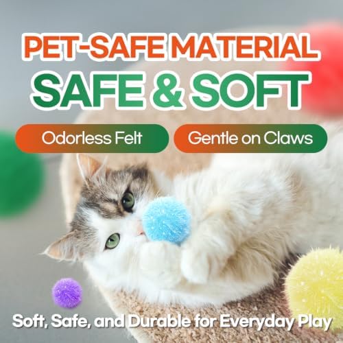 T TORTO9 200Pcs Sparkle Tinsel Cat Toy Balls in Jar - 1" Colorful Pom Poms