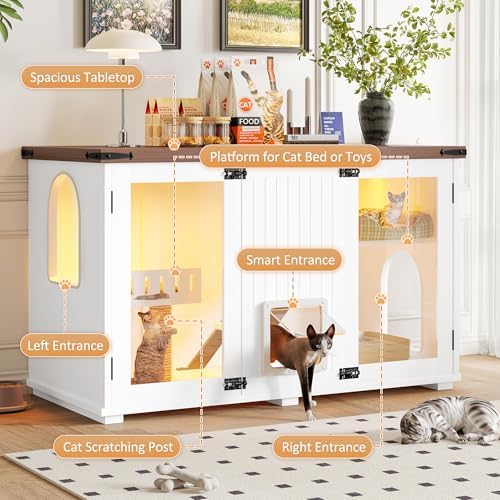 Montary 47.25" Large Cat Litter Box Enclosure with LED Light、Stairs & Cat Scratching Post,Hidden Litter Box Furniture with Smart Doors, Wooden Pet House Side Cabinet,White